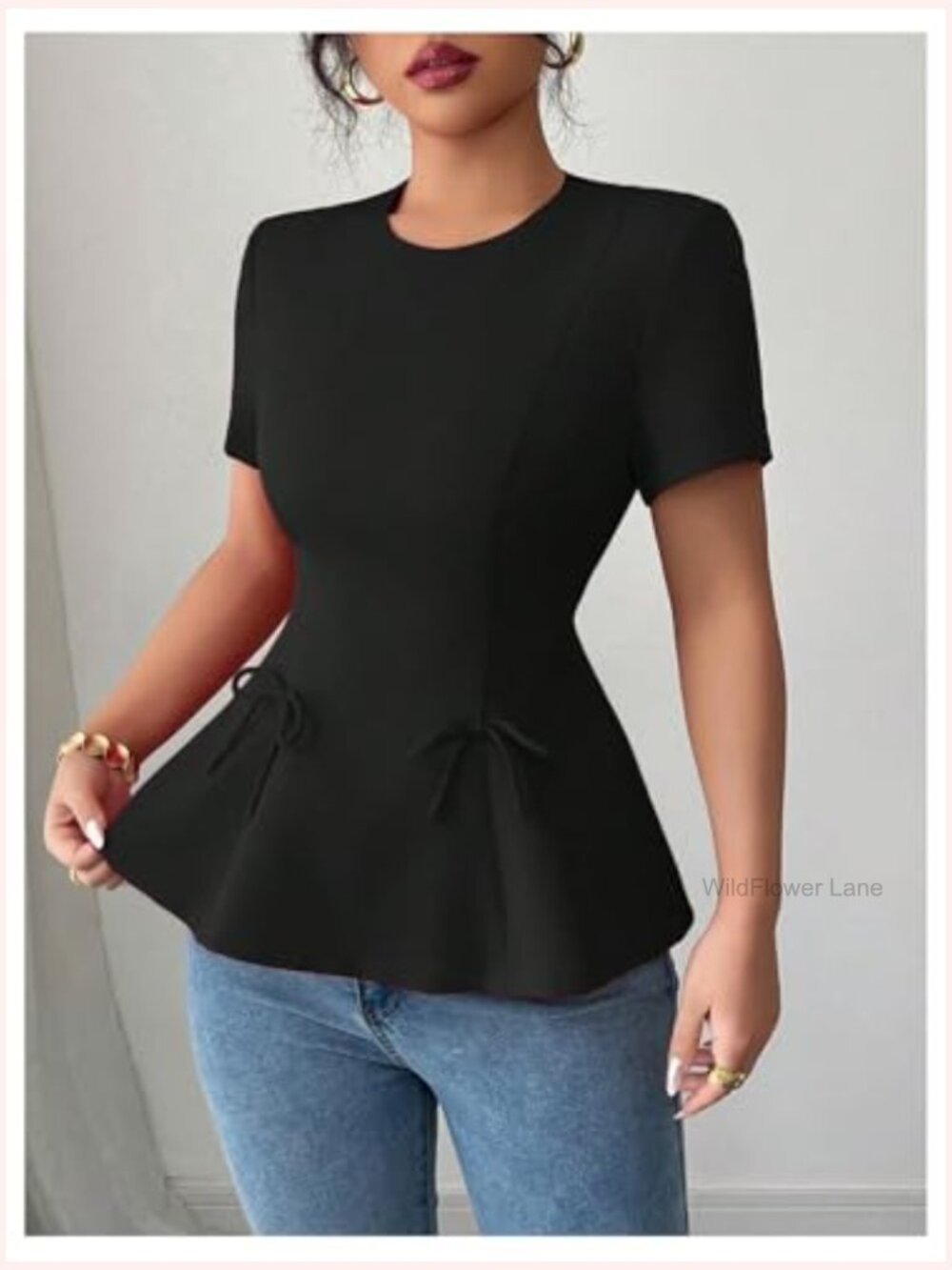 Short Sleeve Bow Peplum Blouse Crew Neck Flare Hem Dressy Casual Tops - Picture 2 of 6